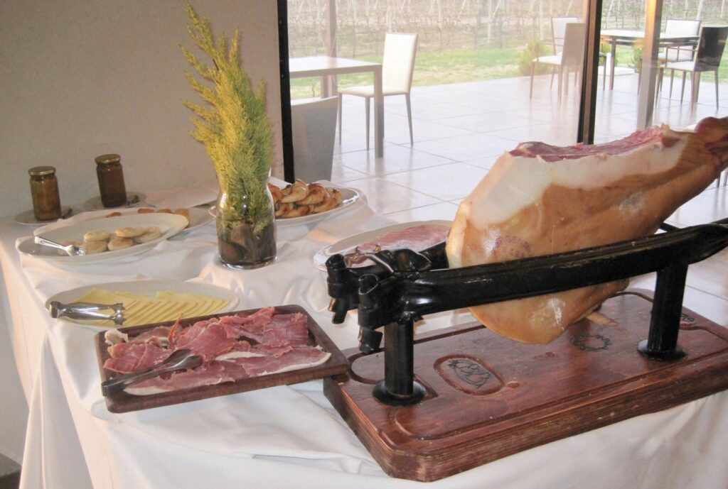 Typical continental breakfast includes ham in Argentina - served at the winery in Mendoza