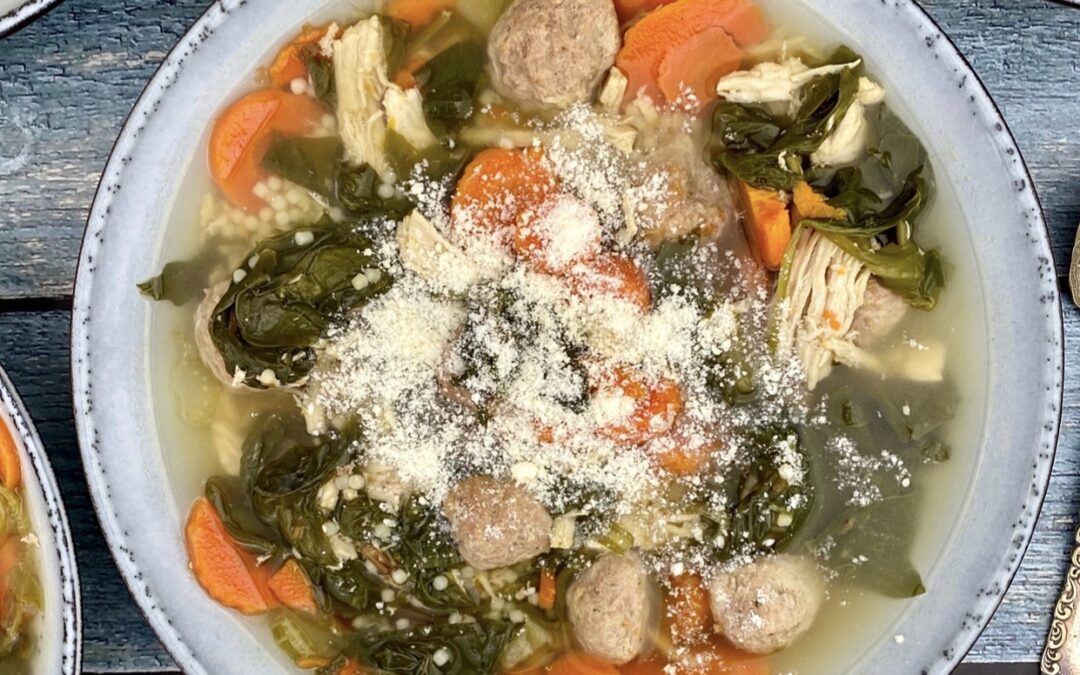 This hearty wedding soup is packed with 34 grams of protein and 3 grams of fiber per serving, making it a nutritious, flavorful meal for home or on the go