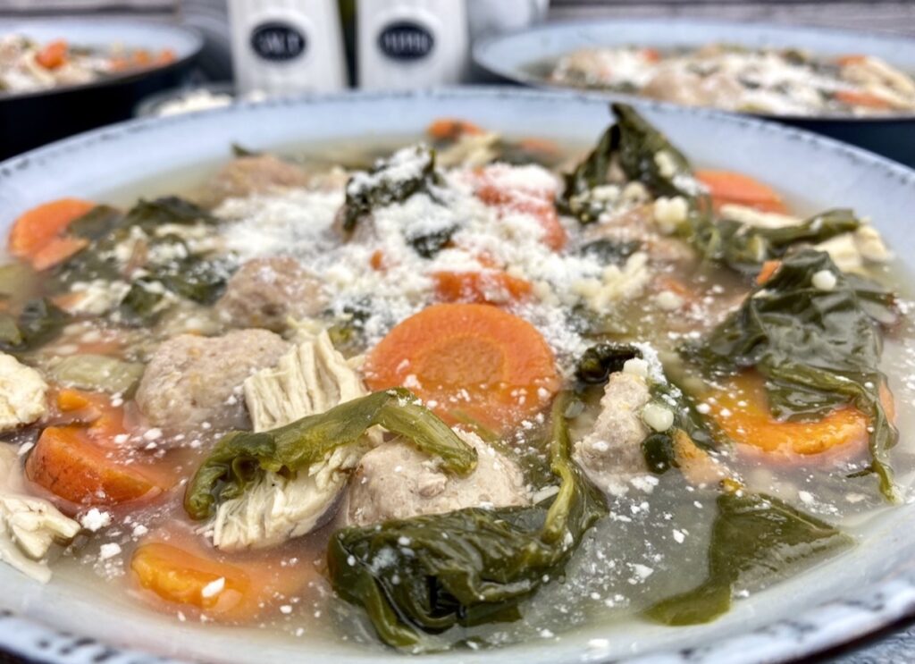 This hearty wedding soup is packed with 34 grams of protein and 3 grams of fiber per serving, making it a nutritious, flavorful meal for home or on the go.