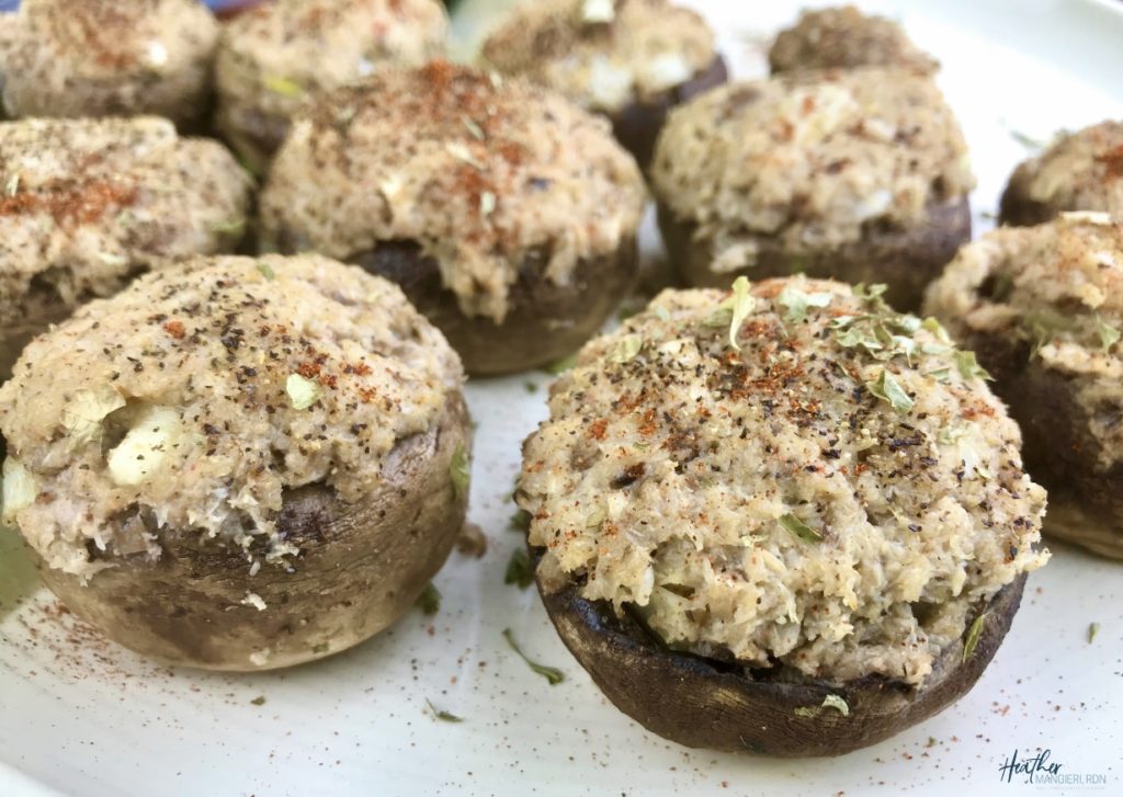 These tasty crab-meat stuffed mushrooms are the perfect protein-packed party-food for your next gathering. This low carbohydrate version is made without breadcrumbs, so you get a bite full of herb-flavored creamy crab in every bite.