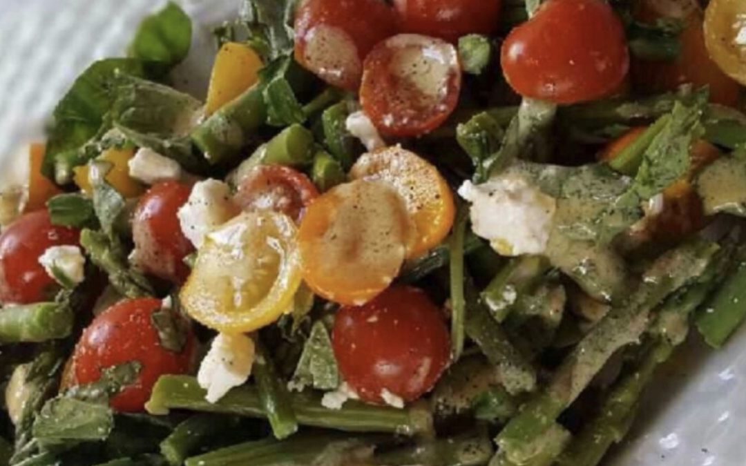 This colorful and refreshing tri-colored tomato and asparagus salad is loaded with fiber, phytonutrients, vitamins and minerals and makes a perfect party or picnic salad.
