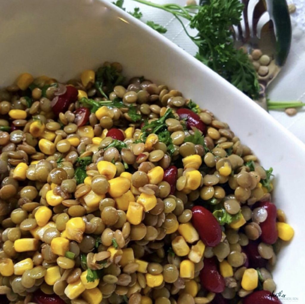 This basic lentil salad is bursting with flavor and loaded with plant-based  protein and fiber, as well as many other vitamins and minerals. The balance of nutrients makes it a perfect meal on its own, or served as a side dish.
