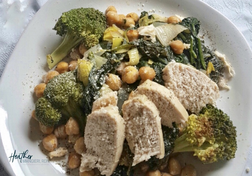 ThisChicken Chickpea Broccoli and Spinach Saute is a great plant-forward meal combining plant-based protein, animal protein and loads of vegetables.