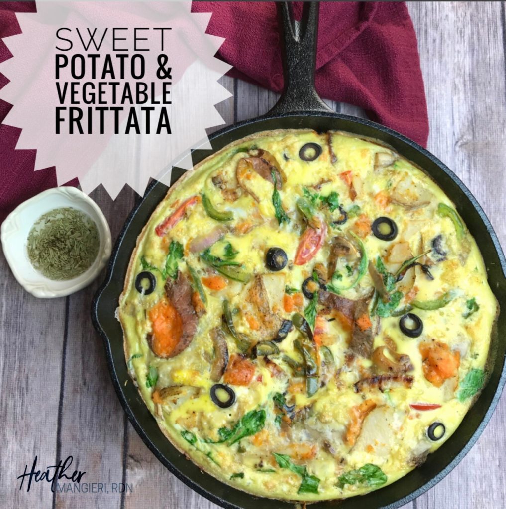 This sweet potato and vegetable frittata is hearty enough to be a balanced meal and the perfect way to use your leftover vegetables.