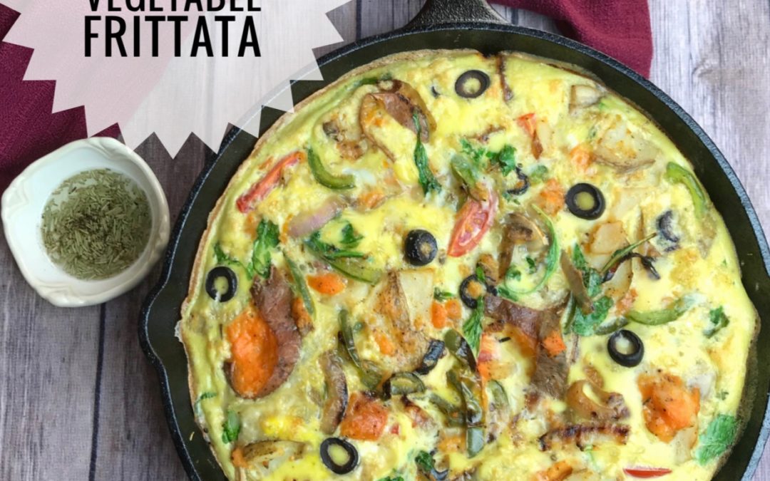 This sweet potato and vegetable frittata is hearty enough to be a balanced meal and the perfect way to use your leftover vegetables.