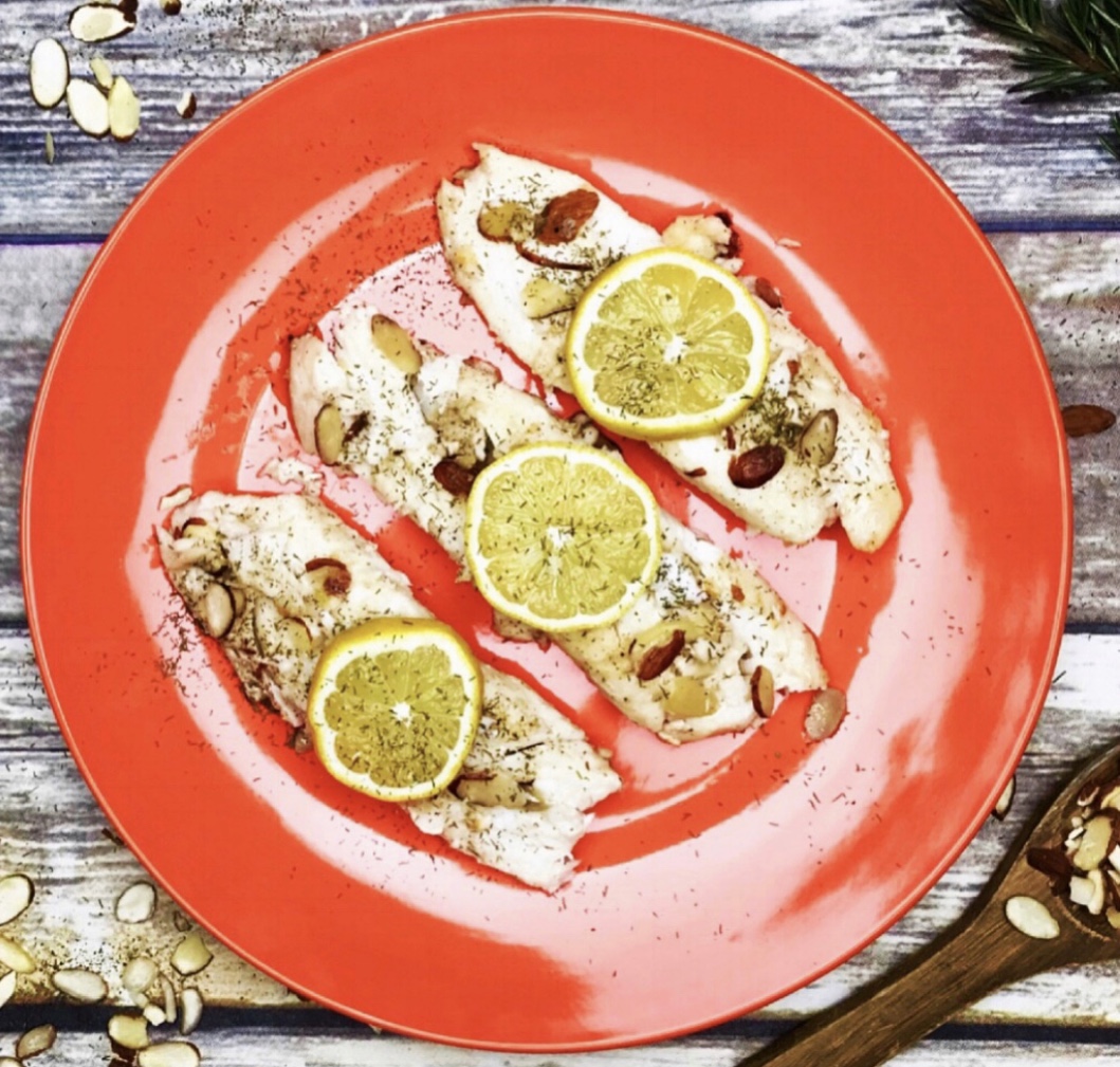 Baked Tilapia Almondine Recipe Card Heather Mangieri Nutrition