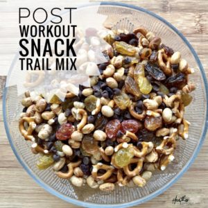 This balanced trail mix is a great post-workout recovery snack. It has 240 calories, 9 grams of protein, 8 grams of fat and 36 grams of carbohydrates per serving.