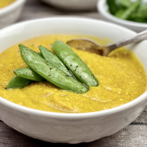 This vegan butternut squash bisque is a delicious way to add the flavors of fall to your meal plan. Pair it with snap peas or other fall favorite to make a complete meal.