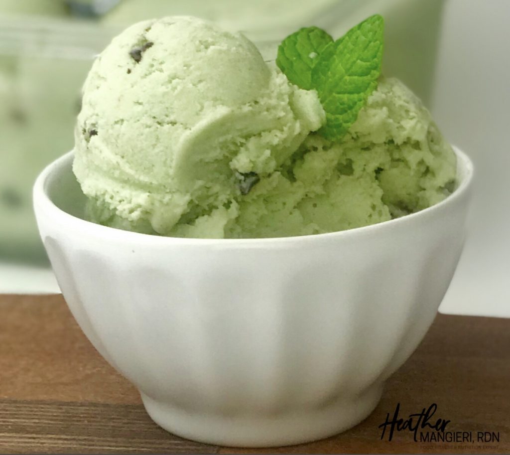An easy recipe to make reduced fat, protein packed mint chocolate chip protein ice cream