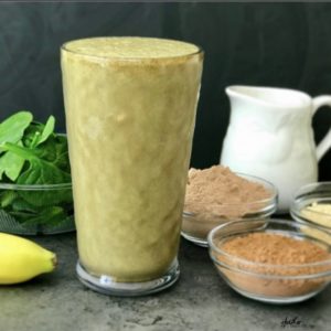 This chocolate peanute butter greens smoothie is packed with protein and loaded with good nutrition. Get the recipe and nutriiton facts on the blog.