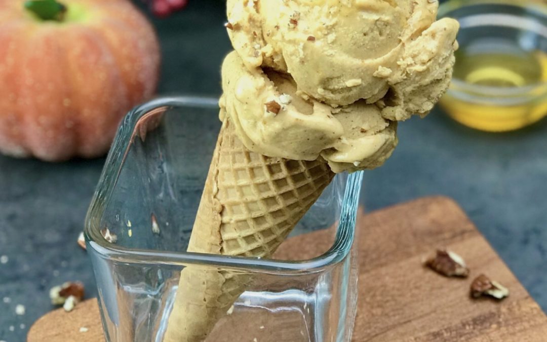 This homemade pumpkin ice cream is lower calorie, low-fat and packed with high quality protein.