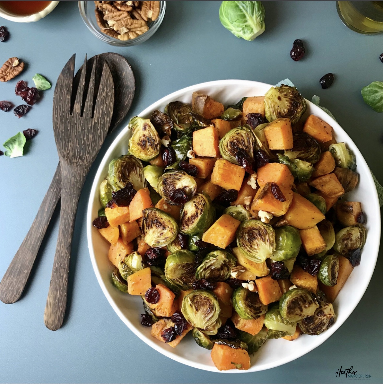 Roasted Brussels Sprouts and Sweet Potatoes with Maple Glaze - Heather Mangieri Nutrition