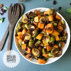 These sweet and savory sweet potatoes and Brussels sprouts with maple glaze are topped with cranberries and pecans, making them the perfect side dish for your Thanksgiving celebration.