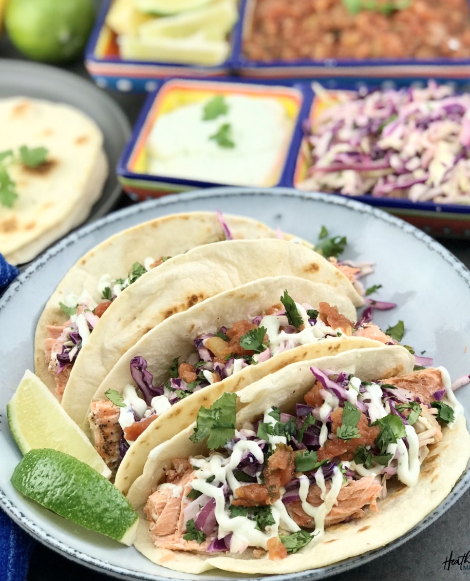 Salmon Tacos with Slaw & Spicy Sauce - Heather Mangieri Nutrition
