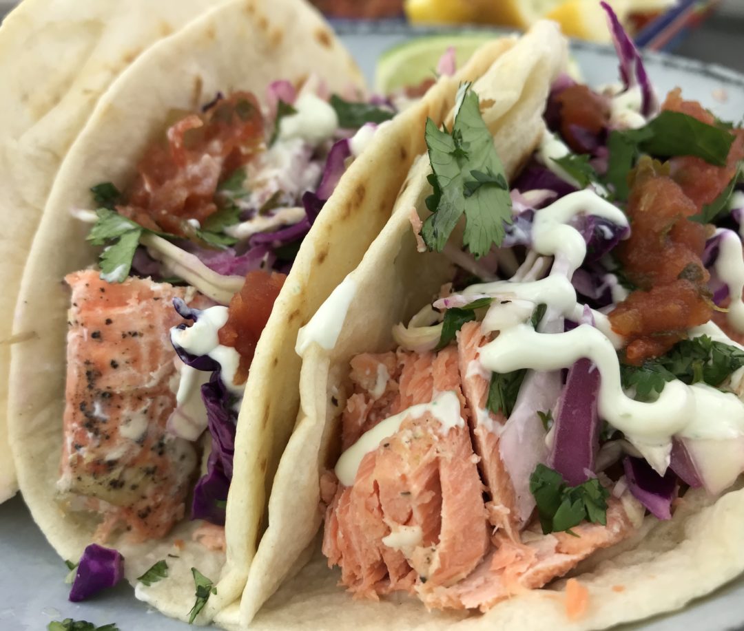 Salmon Tacos with Slaw and Spicy Cream Sauce Recipe Card Heather Mangieri Nutrition