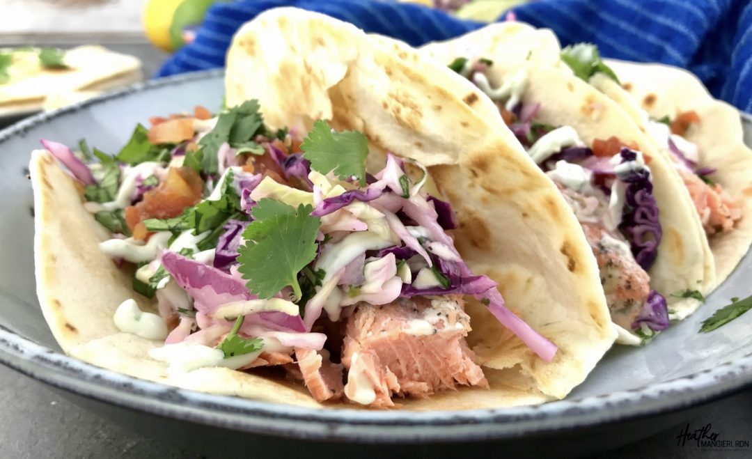 Simple Salmon Tacos with Slaw & Salsa - Heather Mangieri Nutrition