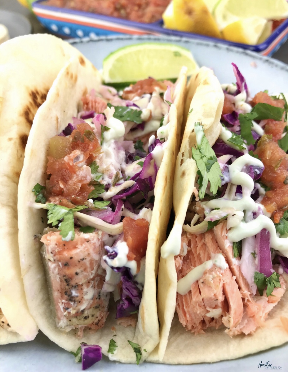 Simple Salmon Tacos w: Slaw & Creamy Sauce - Heather Mangieri Nutrition