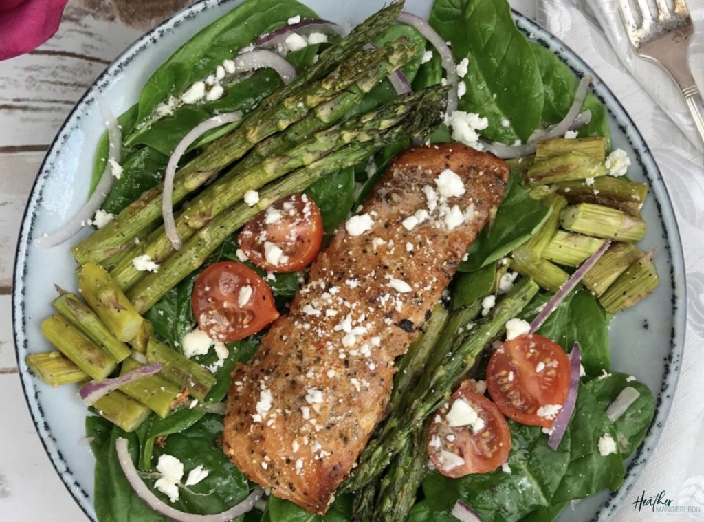 This crispy, colorful salmon and roasted asparagus salad is bursting with flavor and exploding with nutrition – including 7 grams of fiber and 31 grams of protein