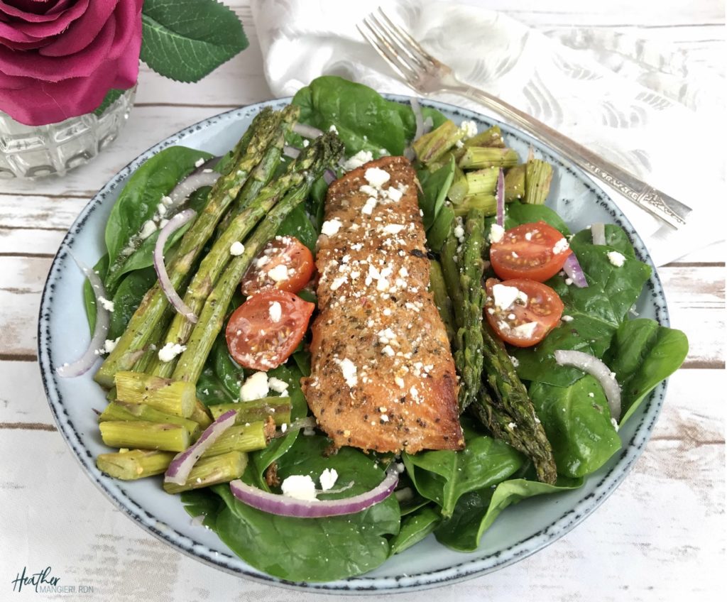 This crispy, colorful salmon and roasted asparagus salad is bursting with flavor and exploding with nutrition – including 7 grams of fiber and 31 grams of protein