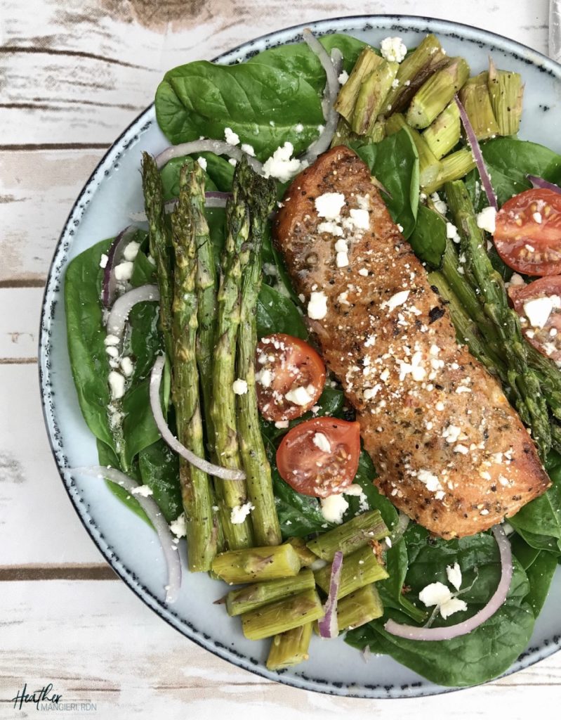 This salmon and asparagus salad is loaded with nutrition, providing 390 calories, 31 grams of protein, 7 grams of fiber and 22 grams of fat. It fits a low-carb diet, gluten-free diet, keto diet and a healthy eating plan.
