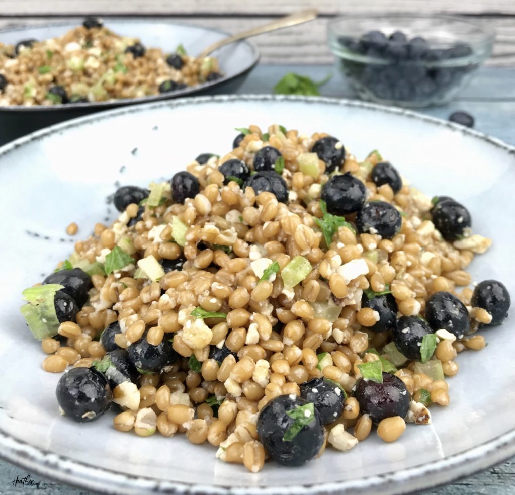 This simple wheat berry and blueberry salad is a blend of plump blueberries, whole grain wheat berries and other flavorful ingredients all combined into one delicious chilled salad