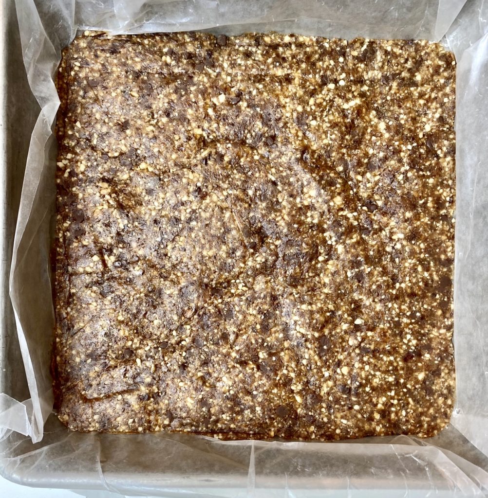 Pressed chocolate peanut butter fruuit and nut bars