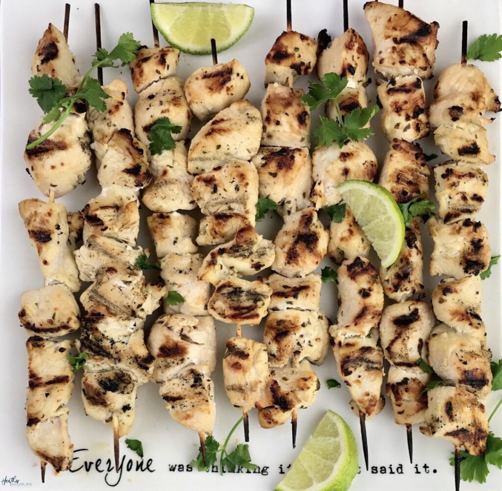 These chicken kabobs are marinated in a lime Cilantro vinaigrette dressing then grilled to perfection. Eat them with a salad or a side of rice and your favorite vegetable