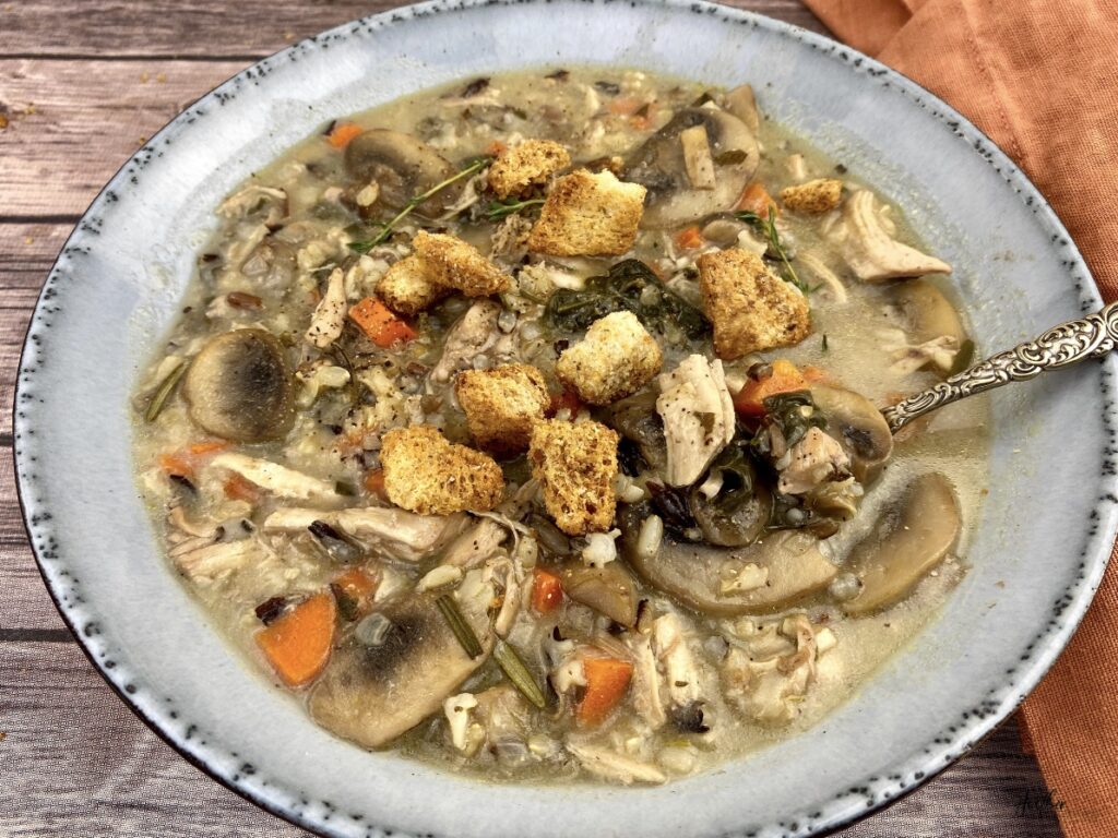 This hearty cream of chicken and mushroom soup is exploding with flavor from the variety of fresh herbs. It incorporates wild rice and three different vegetables, making it a nutrient-rich balanced meal all in itself