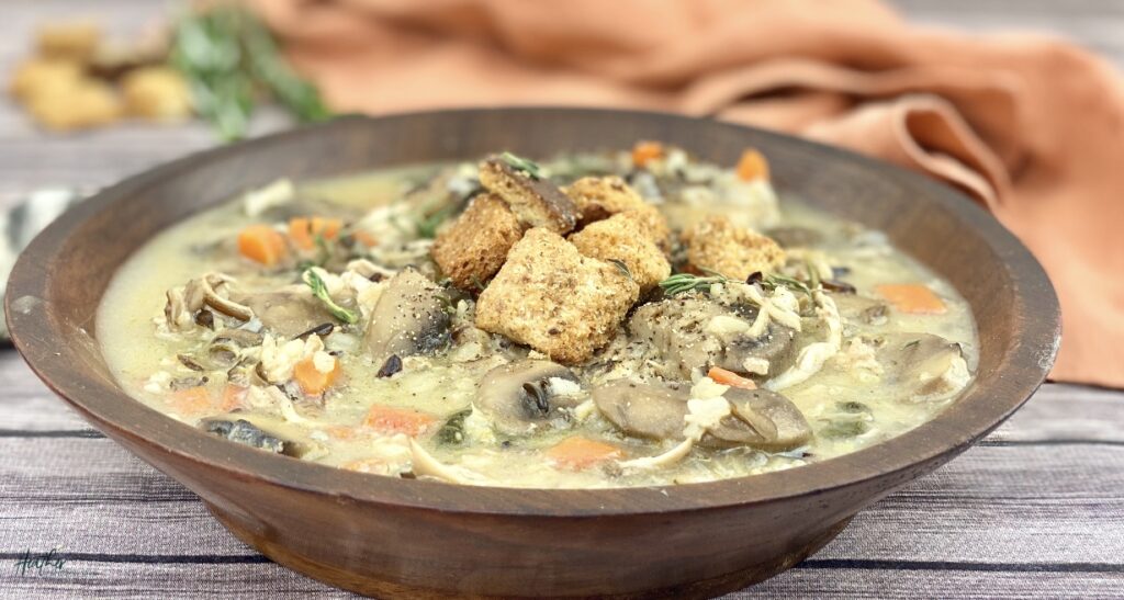 This hearty cream of chicken and mushroom soup is exploding with flavor from the variety of fresh herbs. It incorporates wild rice and three different vegetables, making it a nutrient-rich balanced meal all in itself
