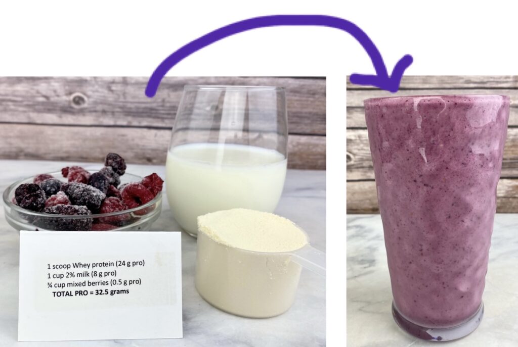 This triple berry smoothie provides over 30 grams of protein- a perfect snack