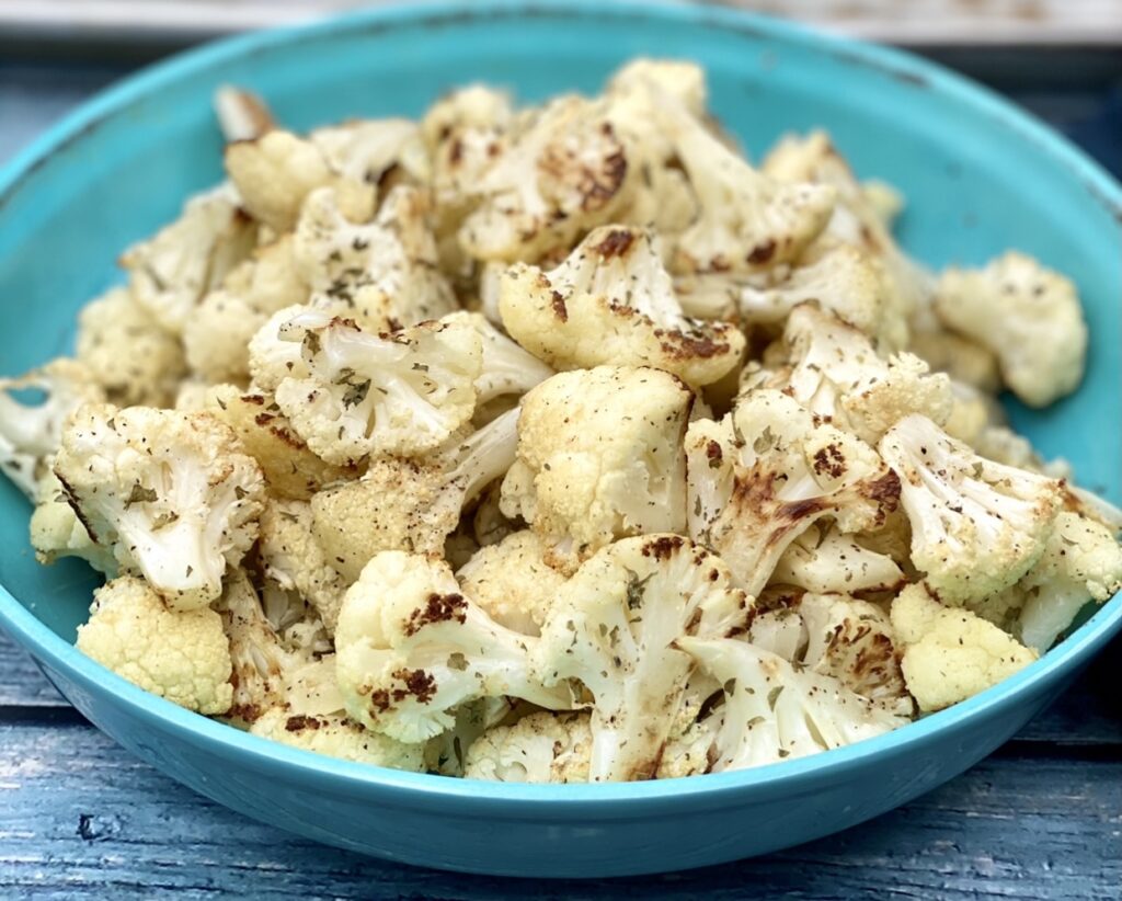 This easy, oven-roasted cauliflower is super simple to make and will have the entire family loving this nutritious vegetable. Just one serving provides 6 grams of fiber, 100% of the daily value for vitamin C and is an excellent source of folate, potassium and vitamins.