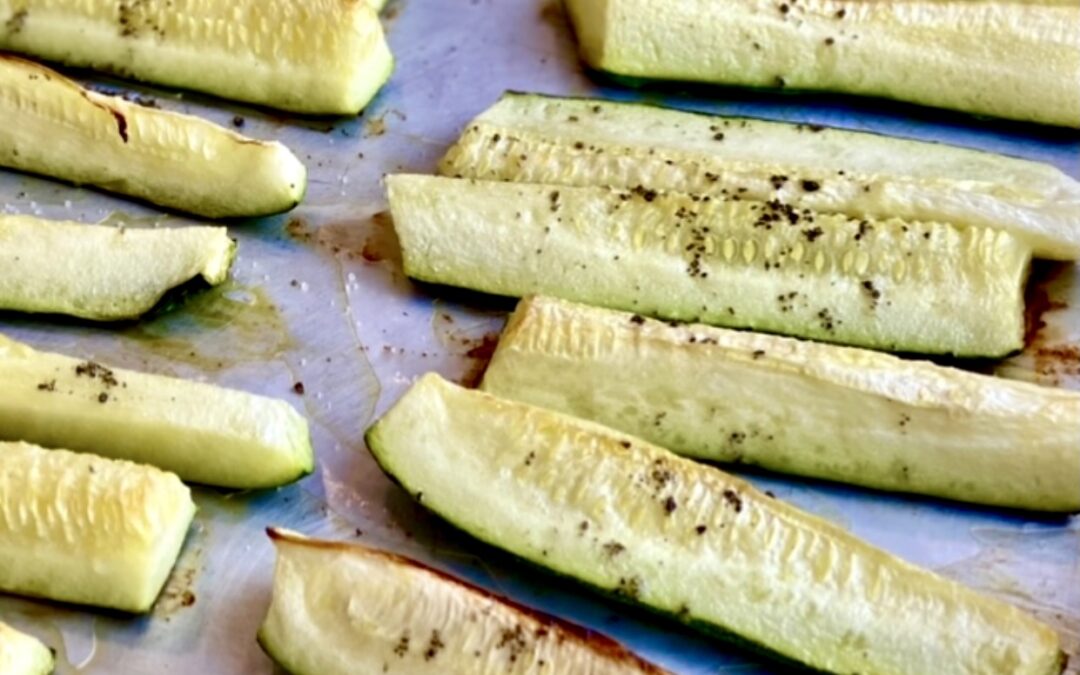 This basic oven-roasted zucchini is tender with a crispy outer coating and pairs perfectly with just about any dish.
