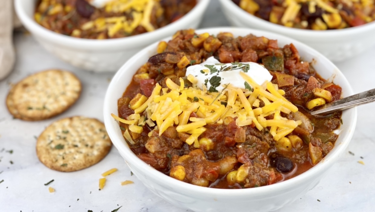 This healthier, vegetable-packed beef chili is made with lean beef, two different types of beans and four different vegetables for a hearty, nutrition-packed meal