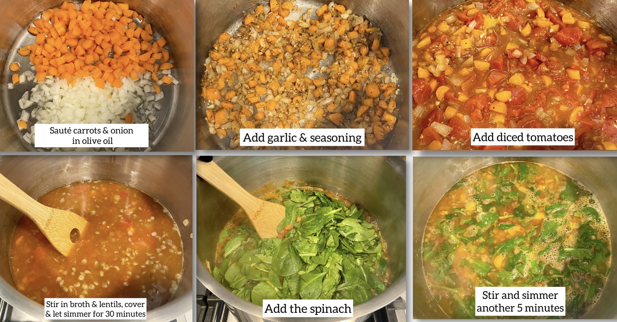 Step by step ingredients to make lentil soup
