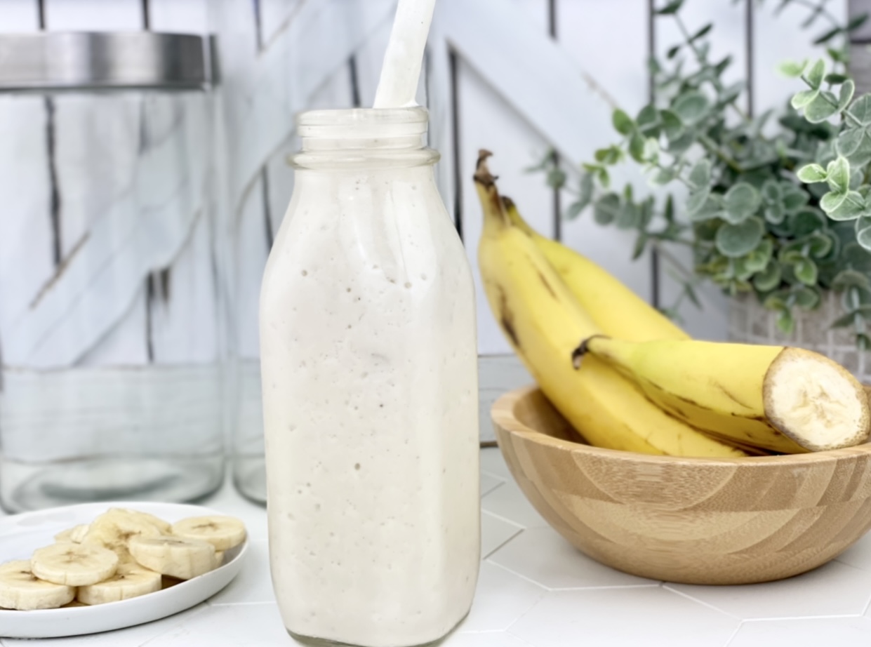 Picture of a banana protein smoothie that is creamy, nutritious and delicious