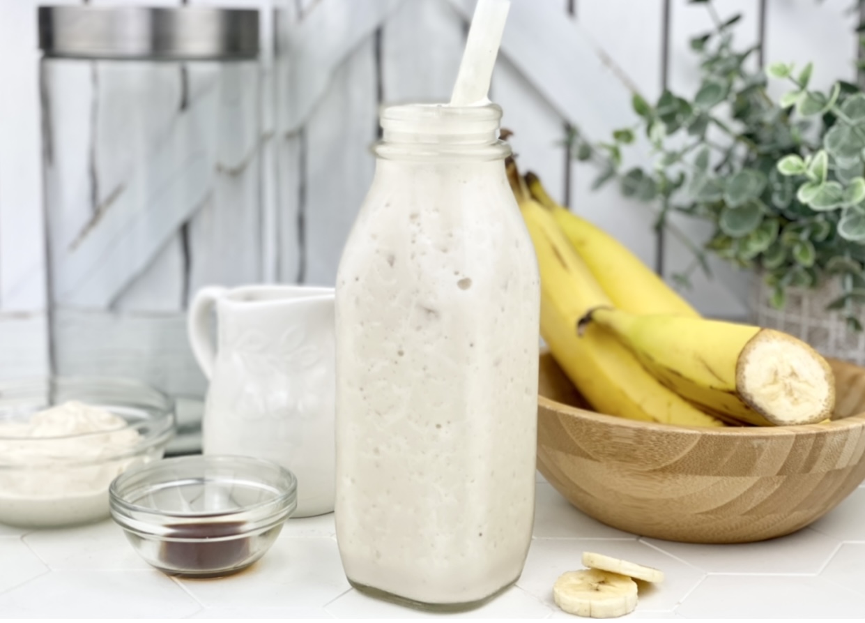 Picture of a banana protein smoothie that is creamy, nutritious and delicious